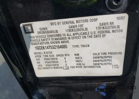 2003 Chevrolet Silverado 1500 Ls z USA, uszkodzony, nr VIN 1GCEK14T53Z184085